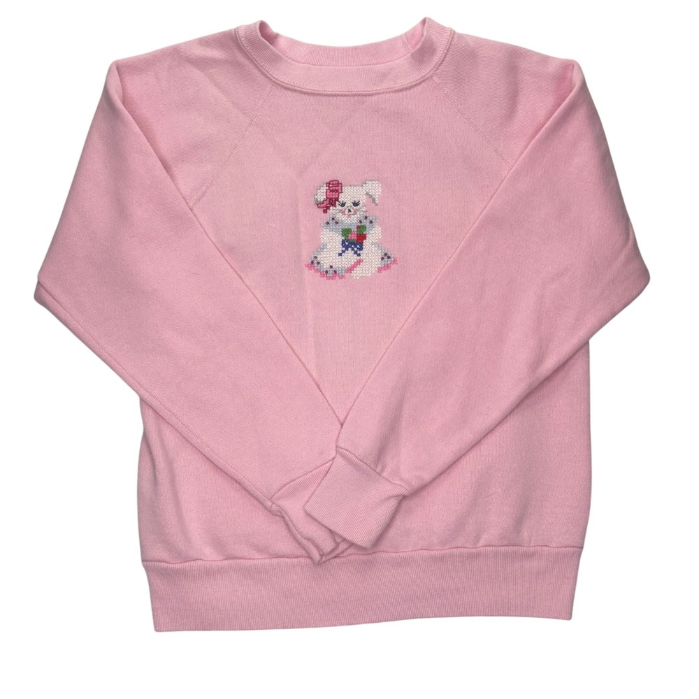 Vintage Tultex Pink Bunny Cross Stitch Sweatshirt S Cottagecore Easter Rabbit